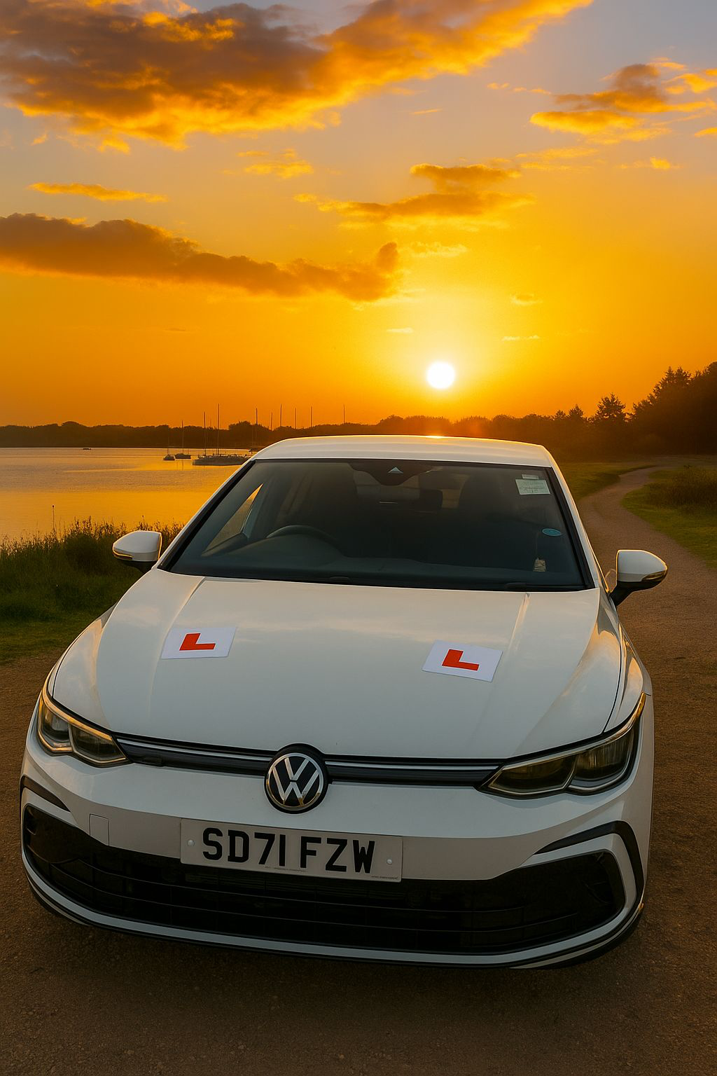White VW Golf learner car at sunset